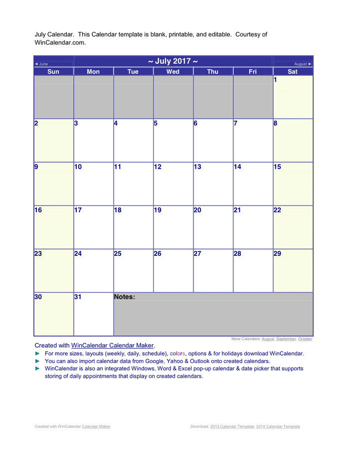 July 2017 Calendar page 1