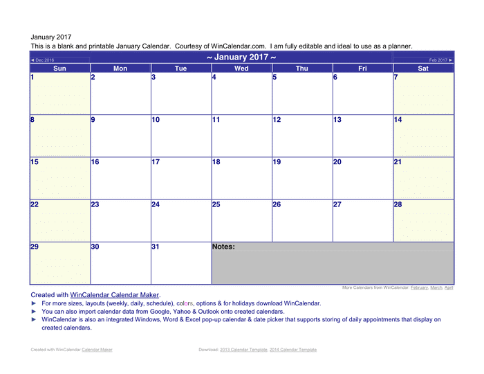 January Calendar 2017 page 1