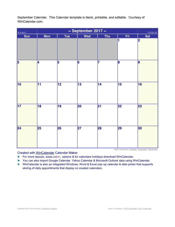 September 17 Calendar Download Free Documents For Pdf Word And Excel