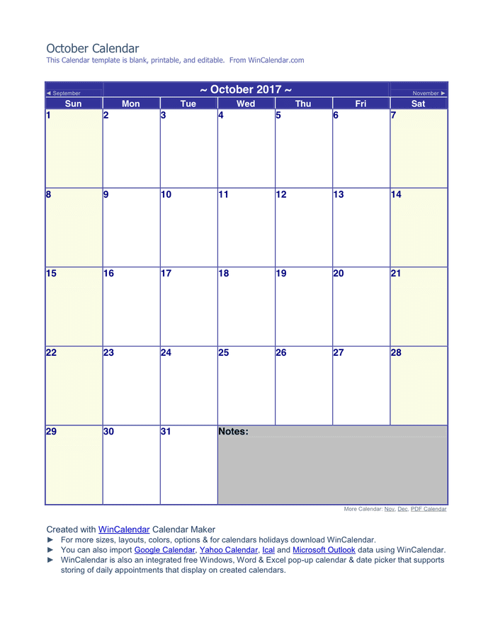 October 2017 Calendar page 1