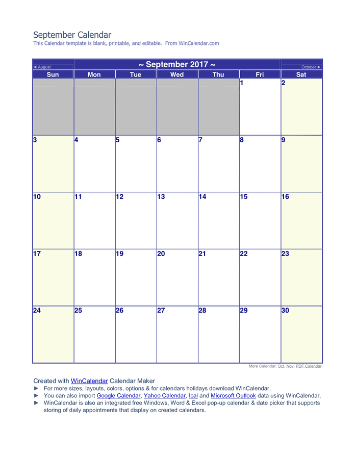 September 2017 Calendar page 1