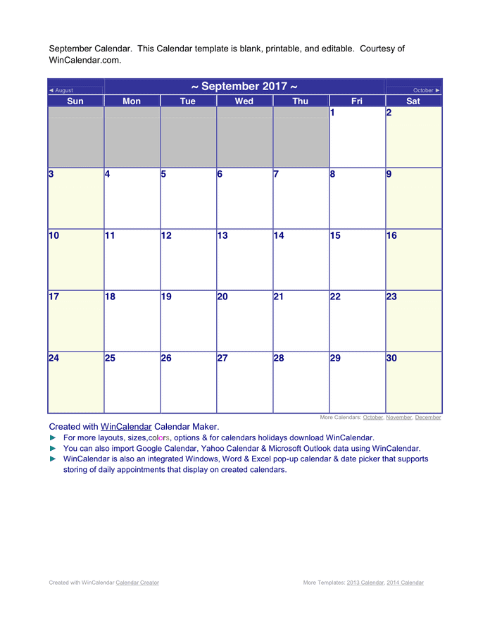 September 2017 Word Calendar page 1