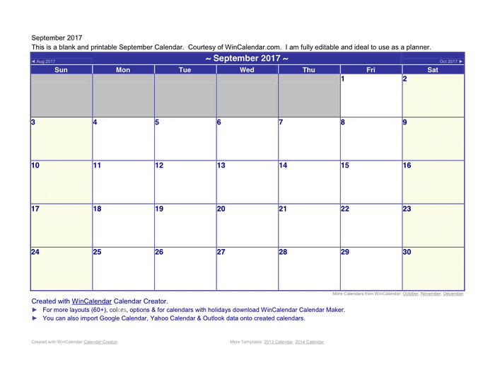 September Calendar 2017 page 1