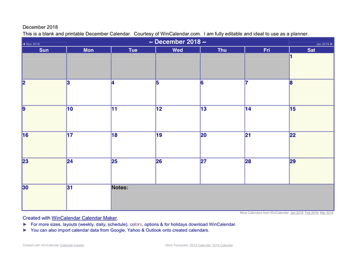 December Calendar 18 In Word And Pdf Formats