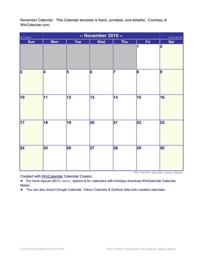 November 2019 Calendar page 1