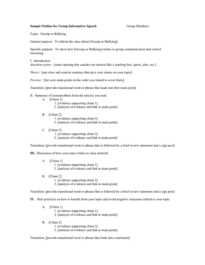 Sample Outline For Group Informative Speech In Word And Pdf Formats