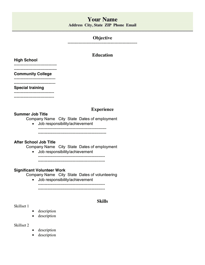 High School Student Resume Word page 1