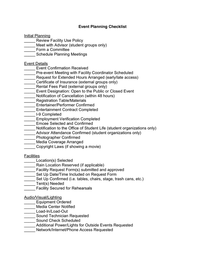 Event Planning Checklist In Word And Pdf Formats