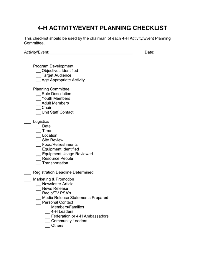 ACTIVITY/EVENT PLANNING CHECKLIST in Word and Pdf formats