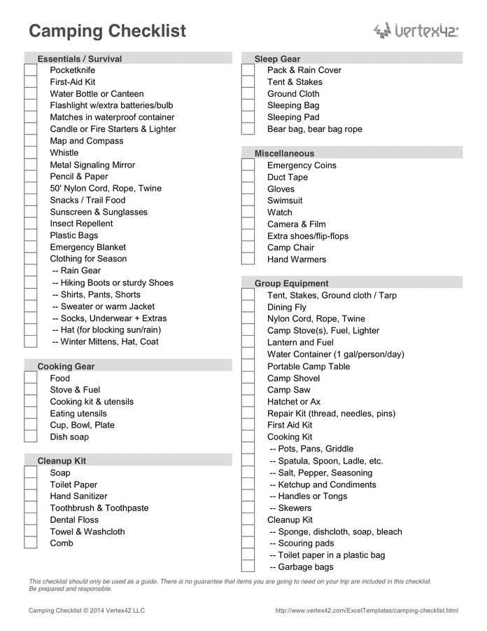Camping Checklist Template in Word and Pdf formats