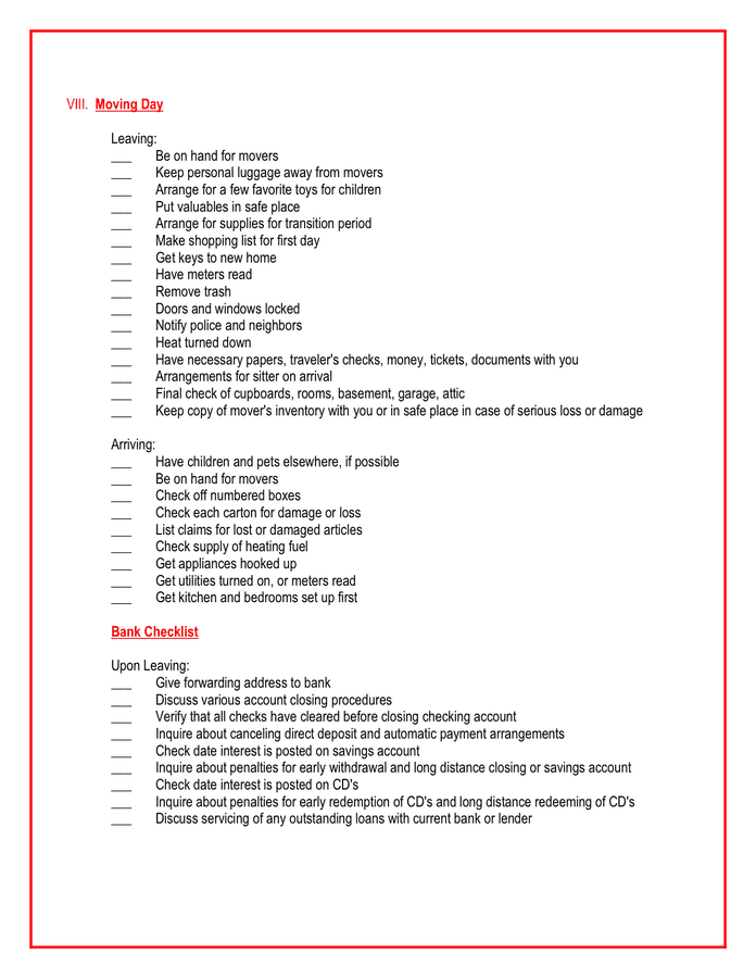 MOVING CHECKLIST sample in Word and Pdf formats - page 5 of 5