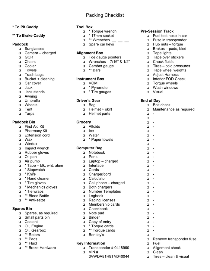 Packing Checklist - download free documents for PDF, Word and Excel