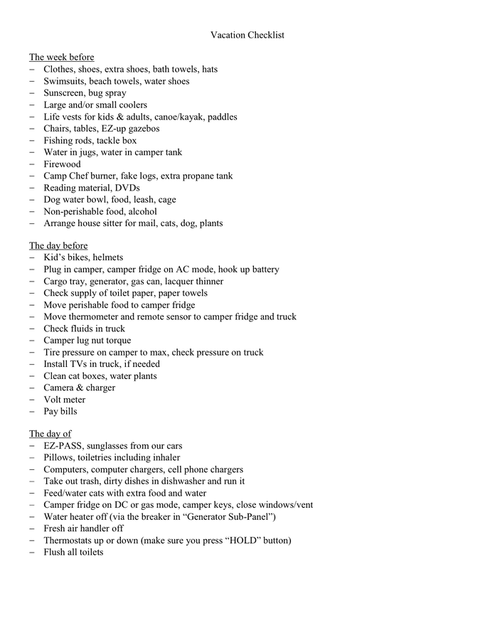 Vacation Checklist in Word and Pdf formats