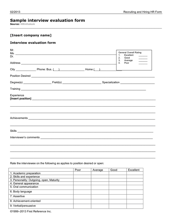 Interview Evaluation Form In Word And Pdf Formats