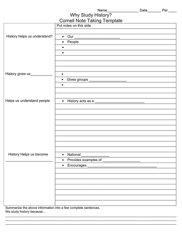 cornell notes template history