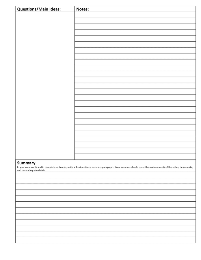 Cornell Notes Template in Word and Pdf formats - page 2 of 3