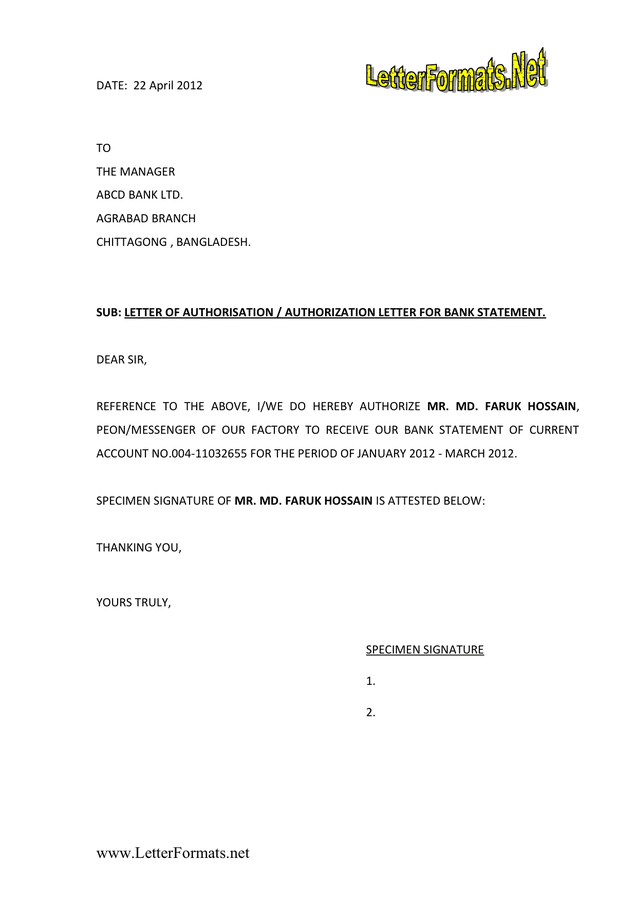 Authorization Letter Format With Specimen Signature