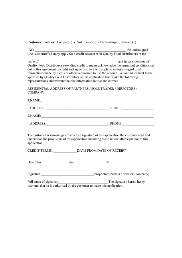 CREDIT APPLICATION FORM in Word and Pdf formats - page 2 of 2