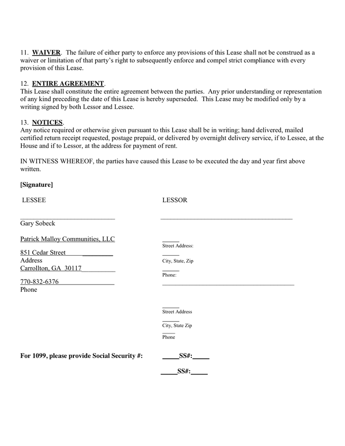 RESIDENTIAL HOUSE LEASE AGREEMENT in Word and Pdf formats - page 2 of 2