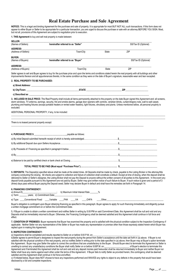 REAL ESTATE PURCHASE and SALE AGREEMENT in Word and Pdf formats