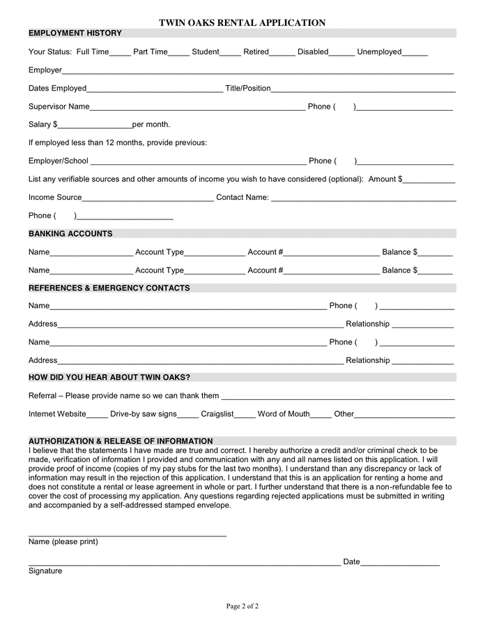 RENTAL APPLICATION in Word and Pdf formats - page 2 of 2