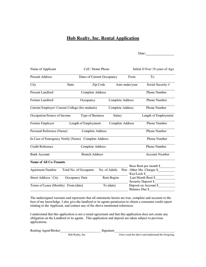Hub Realty Rental Application in Word and Pdf formats page 2 of 2