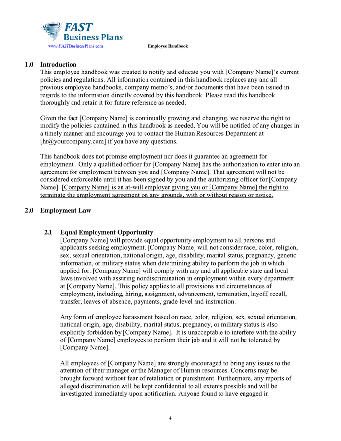 Employee Handbook Template in Word and Pdf formats - page 4 of 27