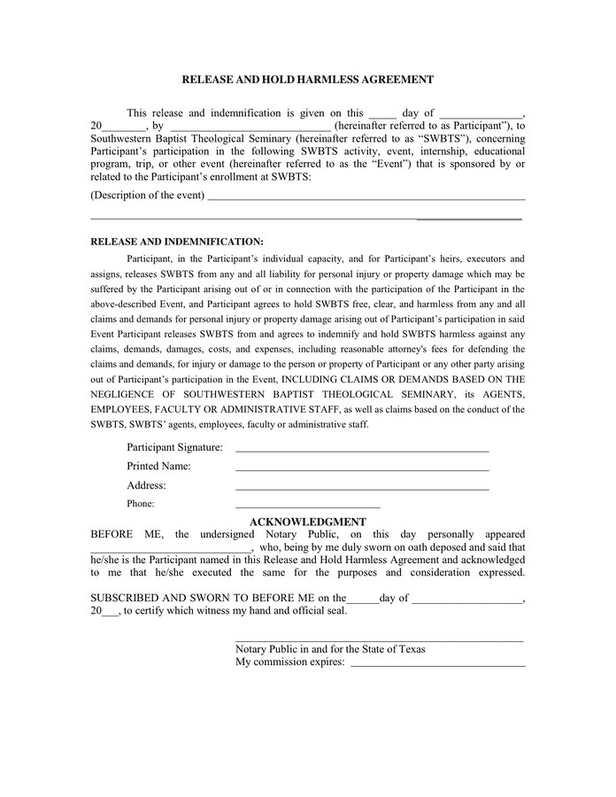 RELEASE AND HOLD HARMLESS AGREEMENT in Word and Pdf formats