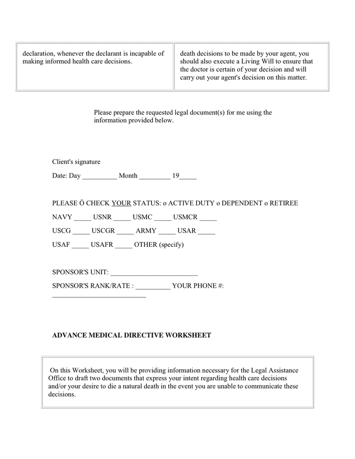 ADVANCE MEDICAL DIRECTIVE WORKSHEET in Word and Pdf formats - page 2 of 7