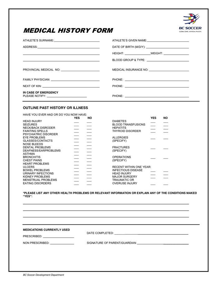 Medical History Form download free documents for PDF, Word and Excel