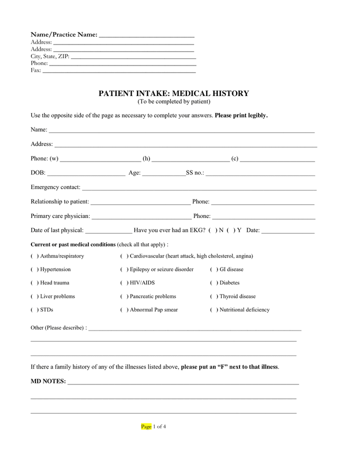 Medical History Form In Word And Pdf Formats