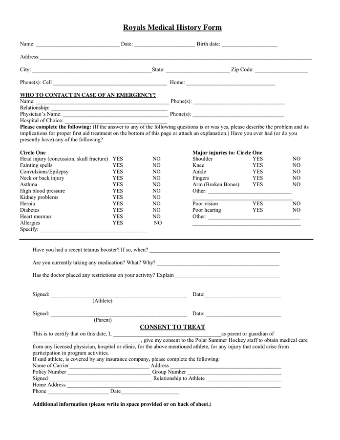 Medical History Form in Word and Pdf formats