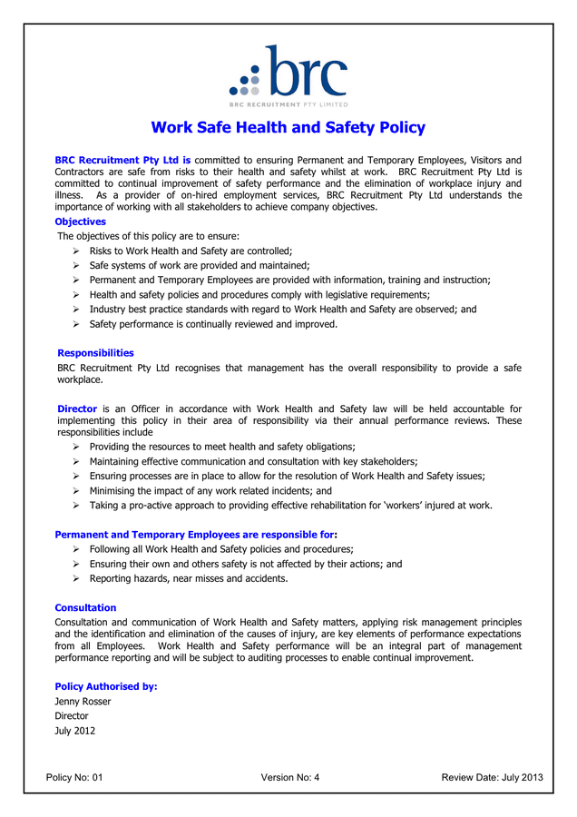 Health And Safety Policy Template In Word And Pdf Formats 3876