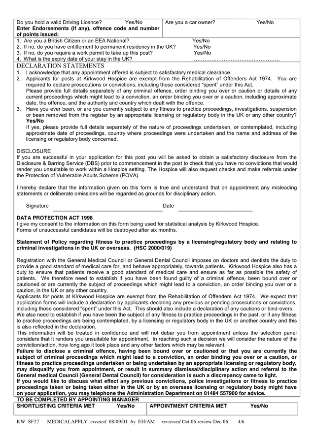 Medical Application Form in Word and Pdf formats page 4 of 6