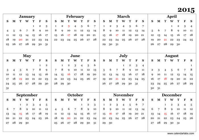 2015 Yearly Calendar in Word and Pdf formats