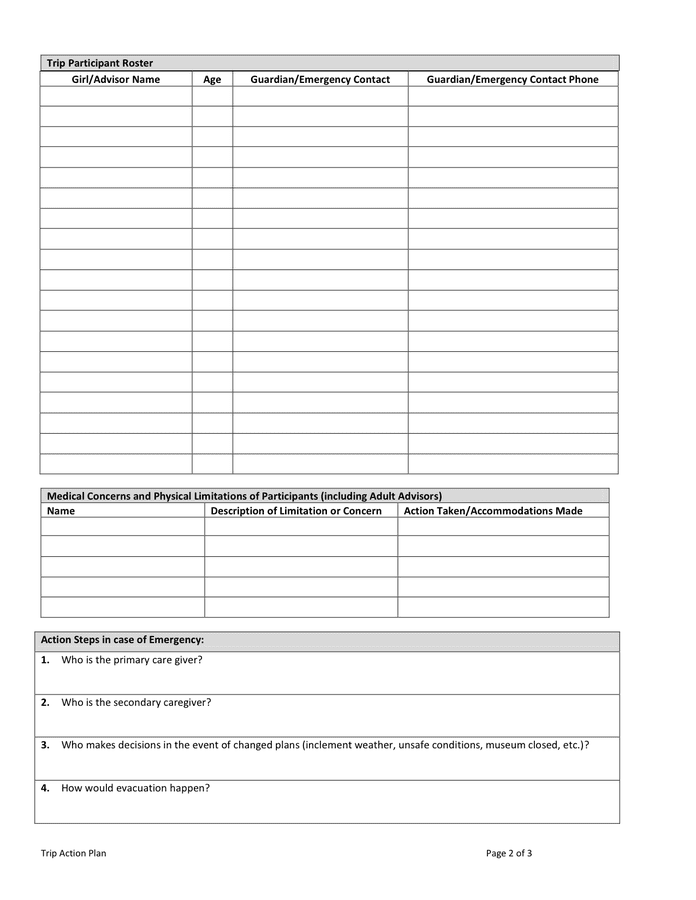 Trip Action Plan in Word and Pdf formats - page 2 of 3