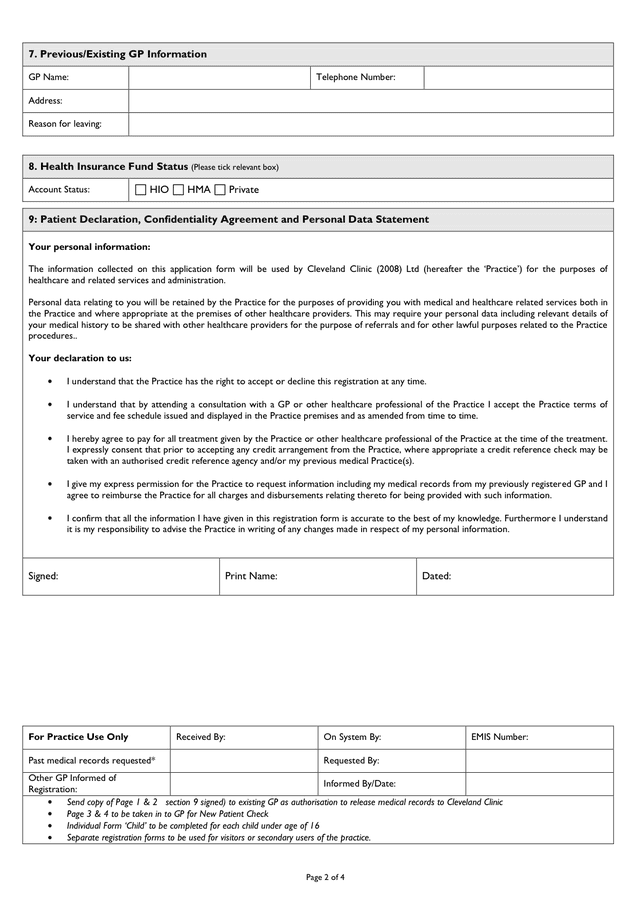 Patient Registration Form in Word and Pdf formats - page 2 of 4