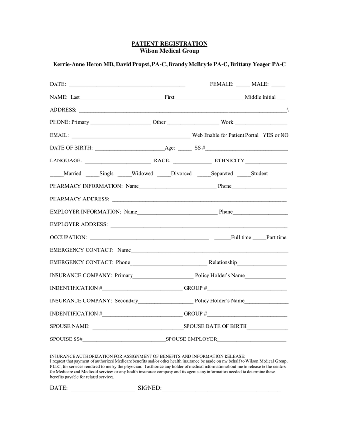 Patient Registration Form download free documents for PDF, Word and Excel