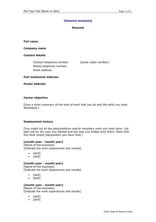 free word document resume template