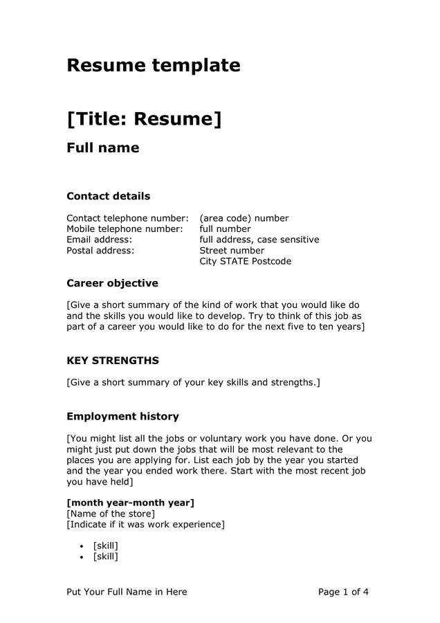 word doc resume template download
