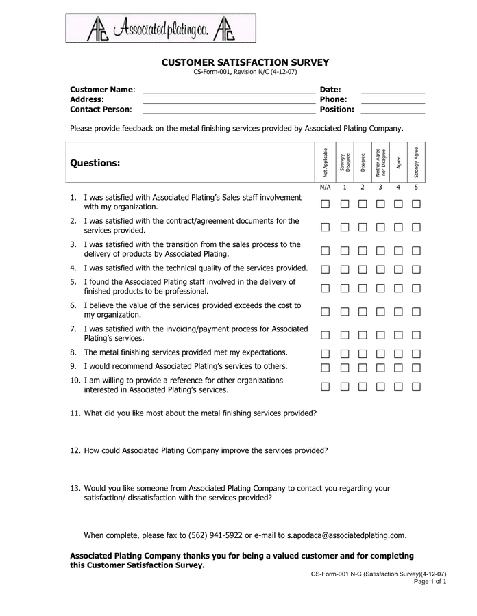 Customer Satisfaction Survey in Word and Pdf formats