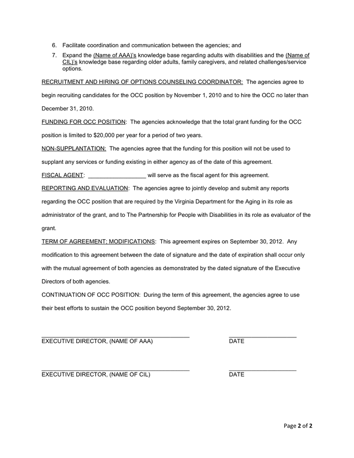 Memorandum Of Agreement In Word And Pdf Formats - Page 2 Of 2