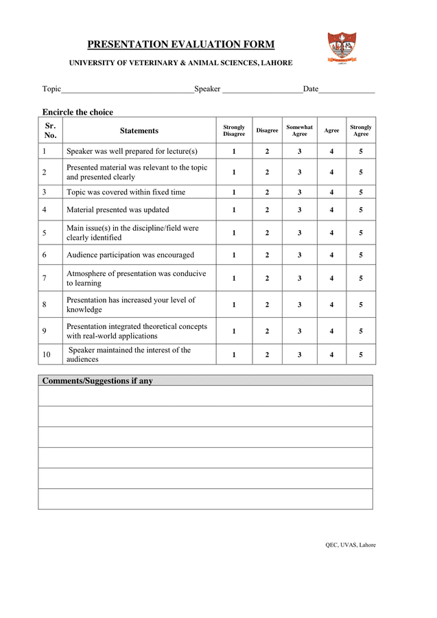 Presentation Evaluation Form - download free documents for PDF, Word ...
