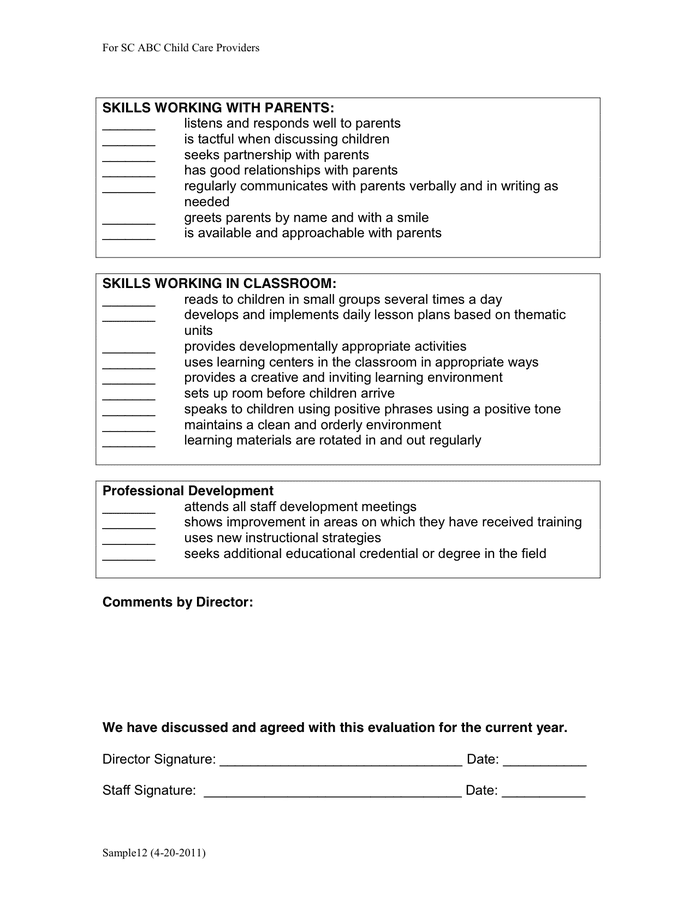 Child Care Employee Evaluation In Word And Pdf Formats - Page 2 Of 2 F3B