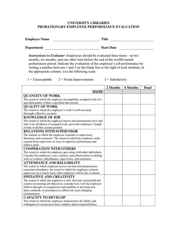 Probation Evaluation Form Template Word