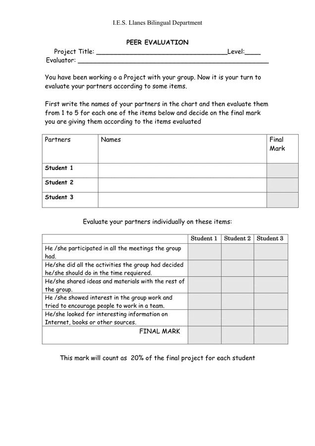 PEER EVALUATION Form In Word And Pdf Formats