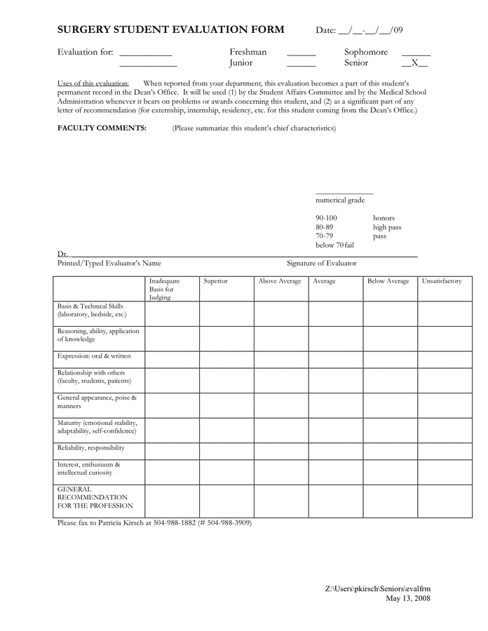 education evaluation form sample