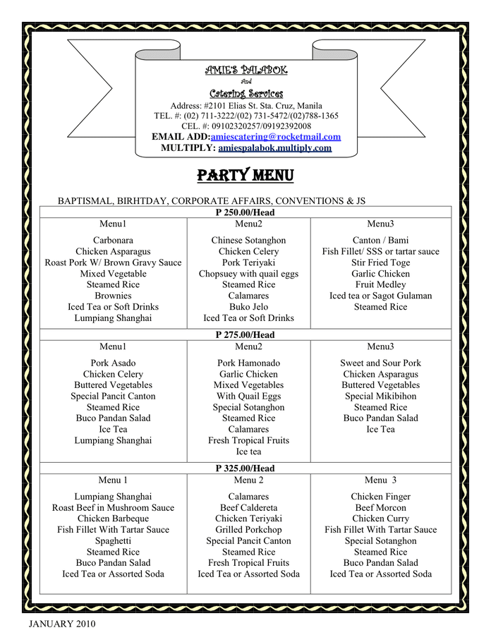 Party Menu In Word And Pdf Formats