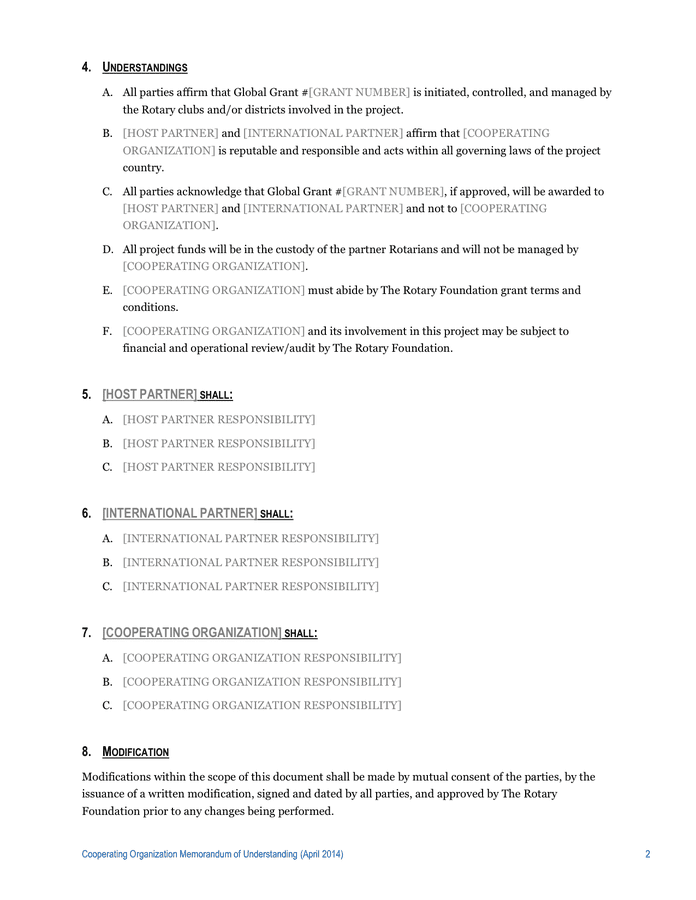 MEMORANDUM OF UNDERSTANDING in Word and Pdf formats - page 2 of 3