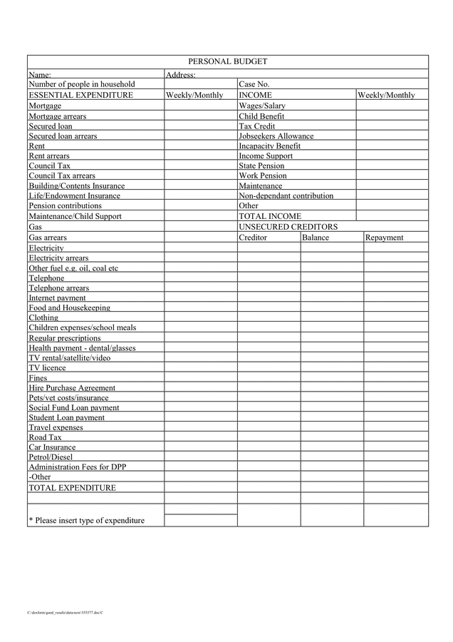 Personal Budget Template - download free documents for PDF, Word and Excel